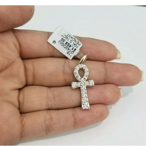 REAL SOLID GOLD & NATURAL DIAMOND ANKH CROSS